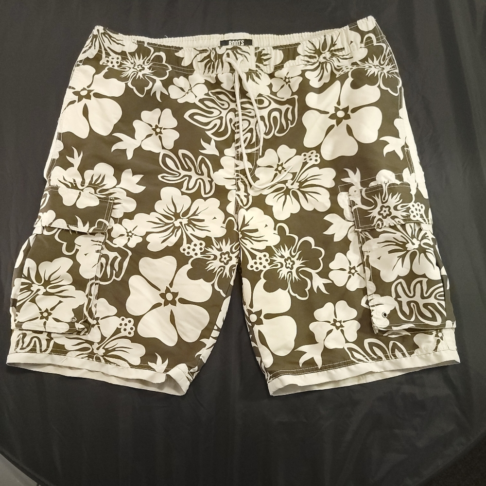 Roots Brand Army Green / Brown Hawaiian Floral Swim Trunks Board Shorts Sz XL